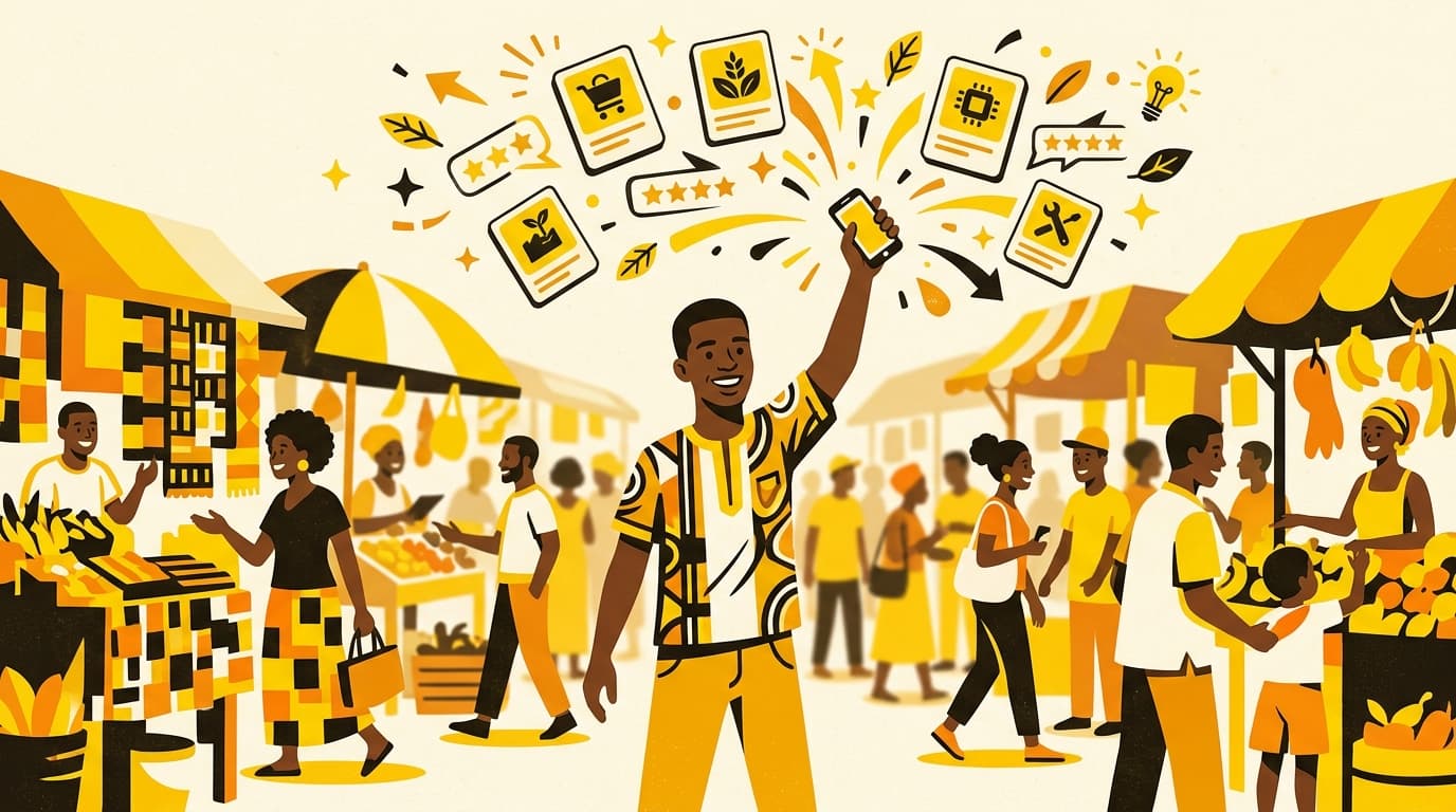 Un jeune entrepreneur lève son téléphone au milieu d'un marché animé d'Abidjan ; des fiches projet et des étoiles de vote s'en échappent.