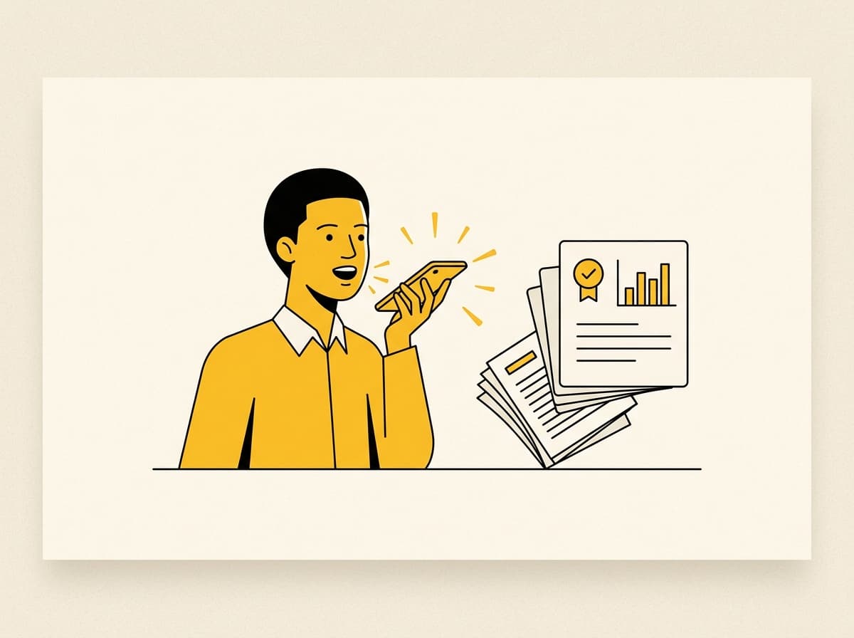 Un entrepreneur parle son idée à voix haute dans son téléphone ; elle se transforme en fiche structurée, notée et illustrée.